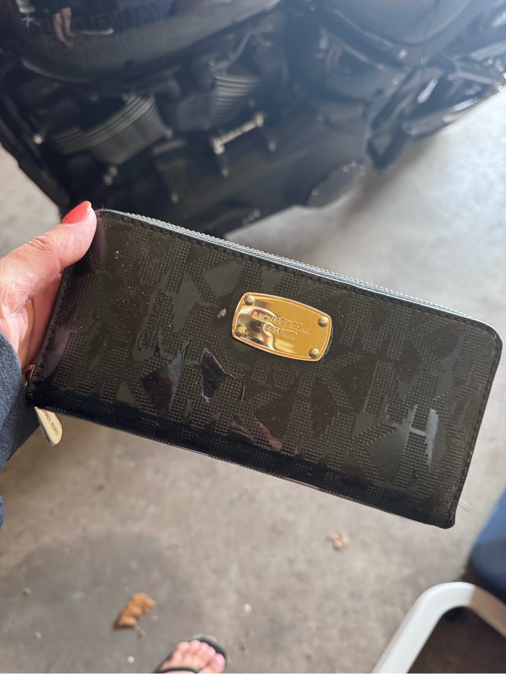 Michael Kors Black Patent Logo Zip Wallet with Gold Plaque